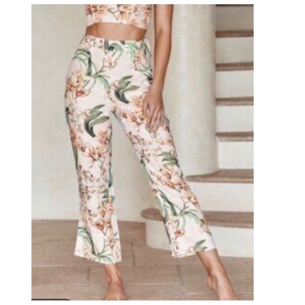 Monday Swimwear Hampton Pant Peach Floral 100% Linen High Rise Cropped Large